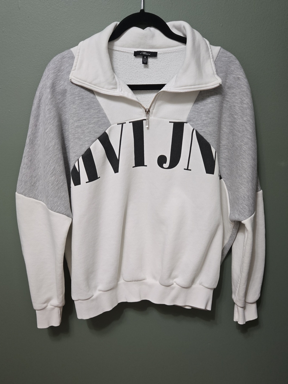 Mavi White and Light Gray Zip-Neck Logo Pullover Sz M